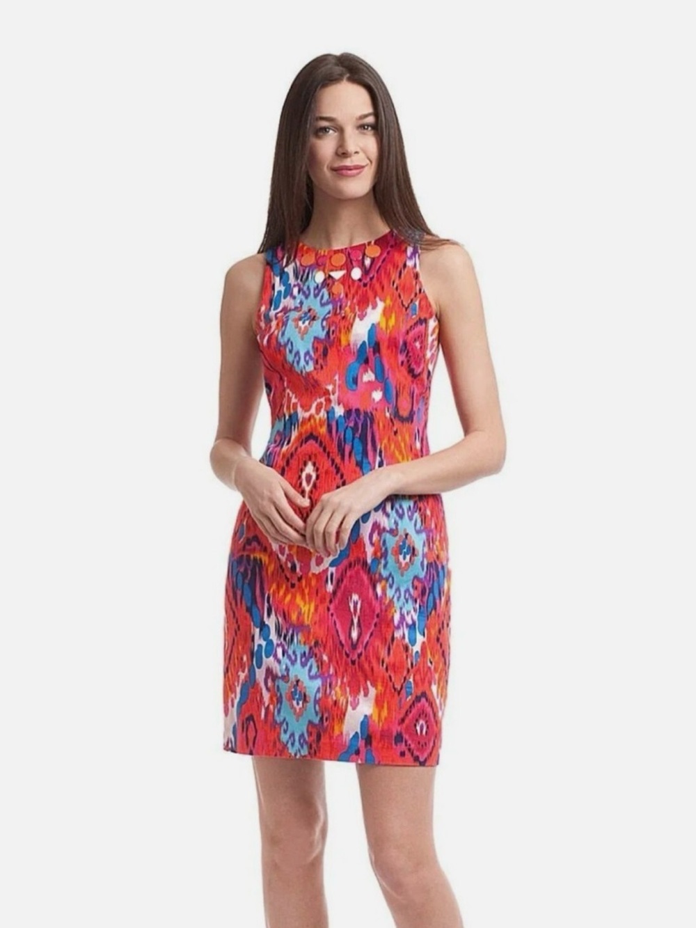 Badgley Mischka Vibrant Red, Blue & Pink Ikat Sheath Mini Dress